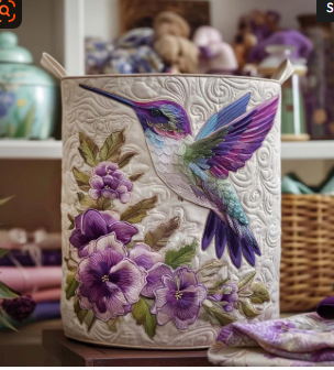 Quilted Laundry Basket with Hummingbird Among Flowers
