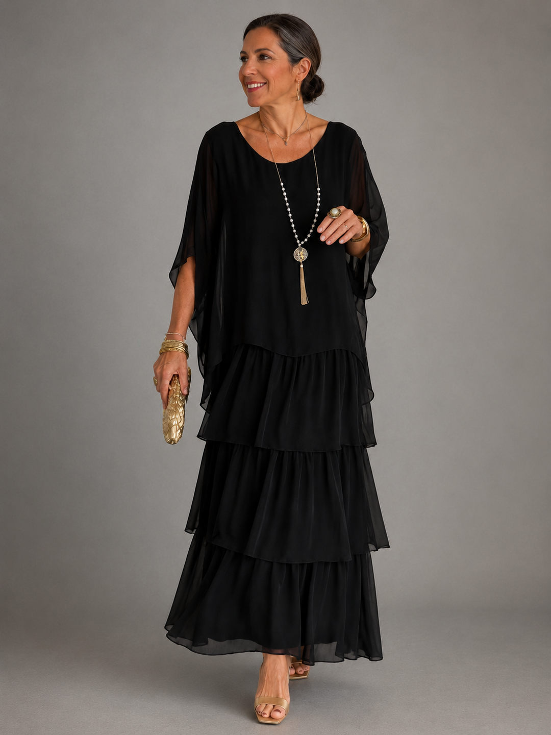 Janet Tiered Chiffon Maxi Dress with Flutter Sleeves