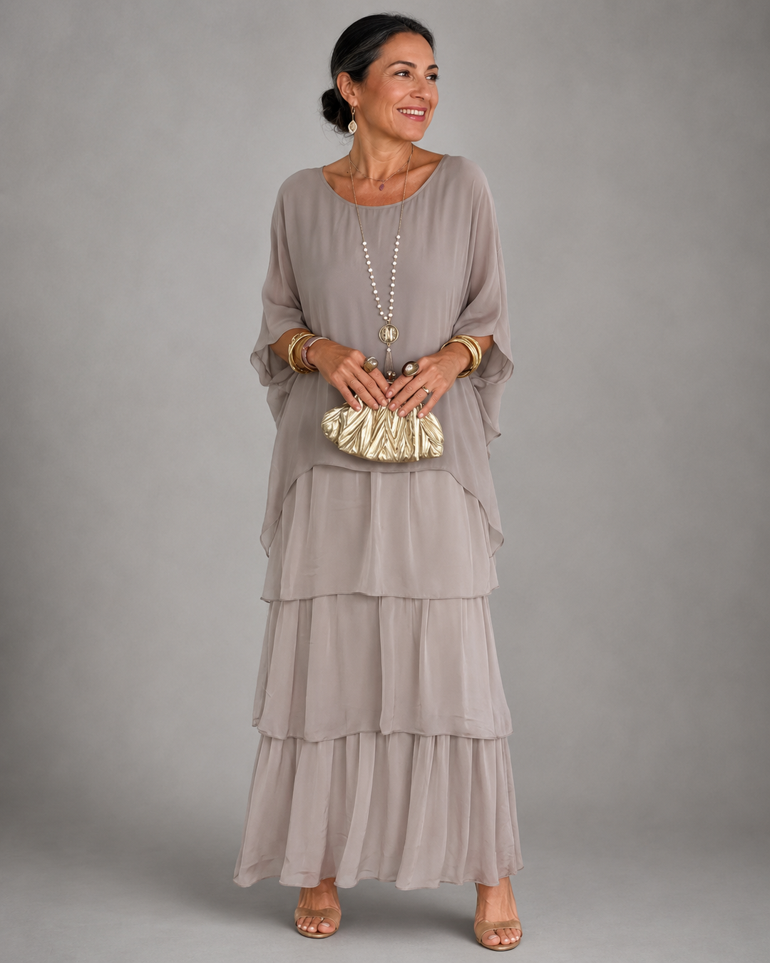 Janet Tiered Chiffon Maxi Dress with Flutter Sleeves