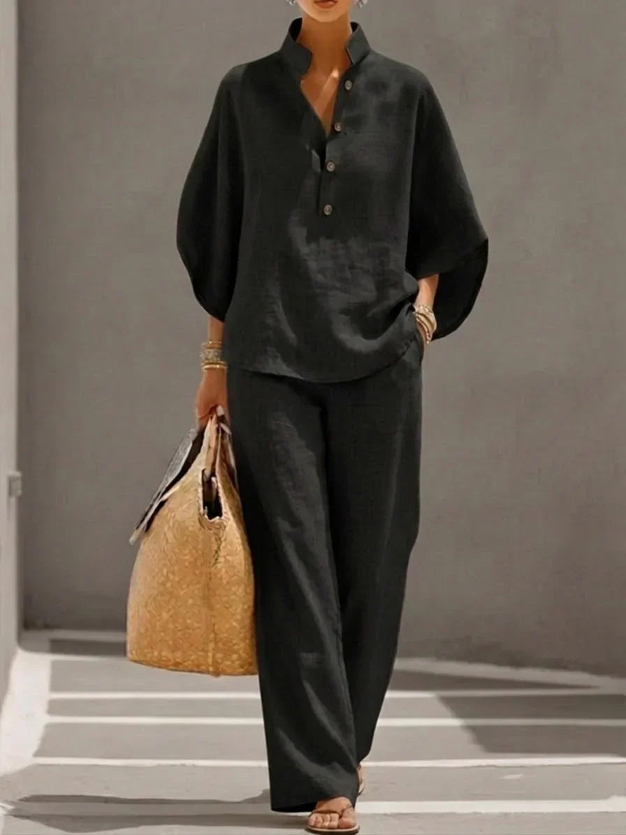 Sophie Linen-Look Batwing Sleeve Wide Leg Pant Set