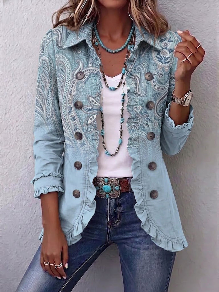 Émilie Vintage Paisley Ruffled Jacket in Sky Blue