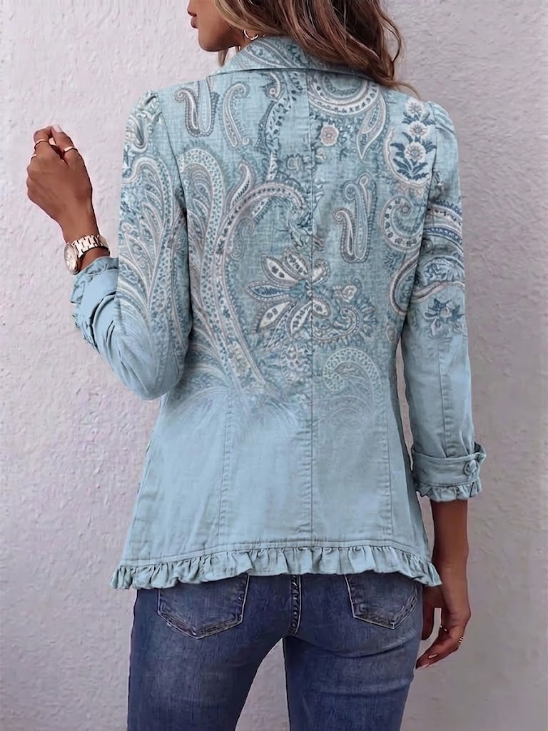Émilie Vintage Paisley Ruffled Jacket in Sky Blue detail