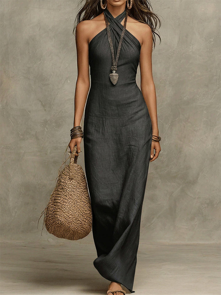 Adelina Cotton Linen Maxi Dress with Notched Collar