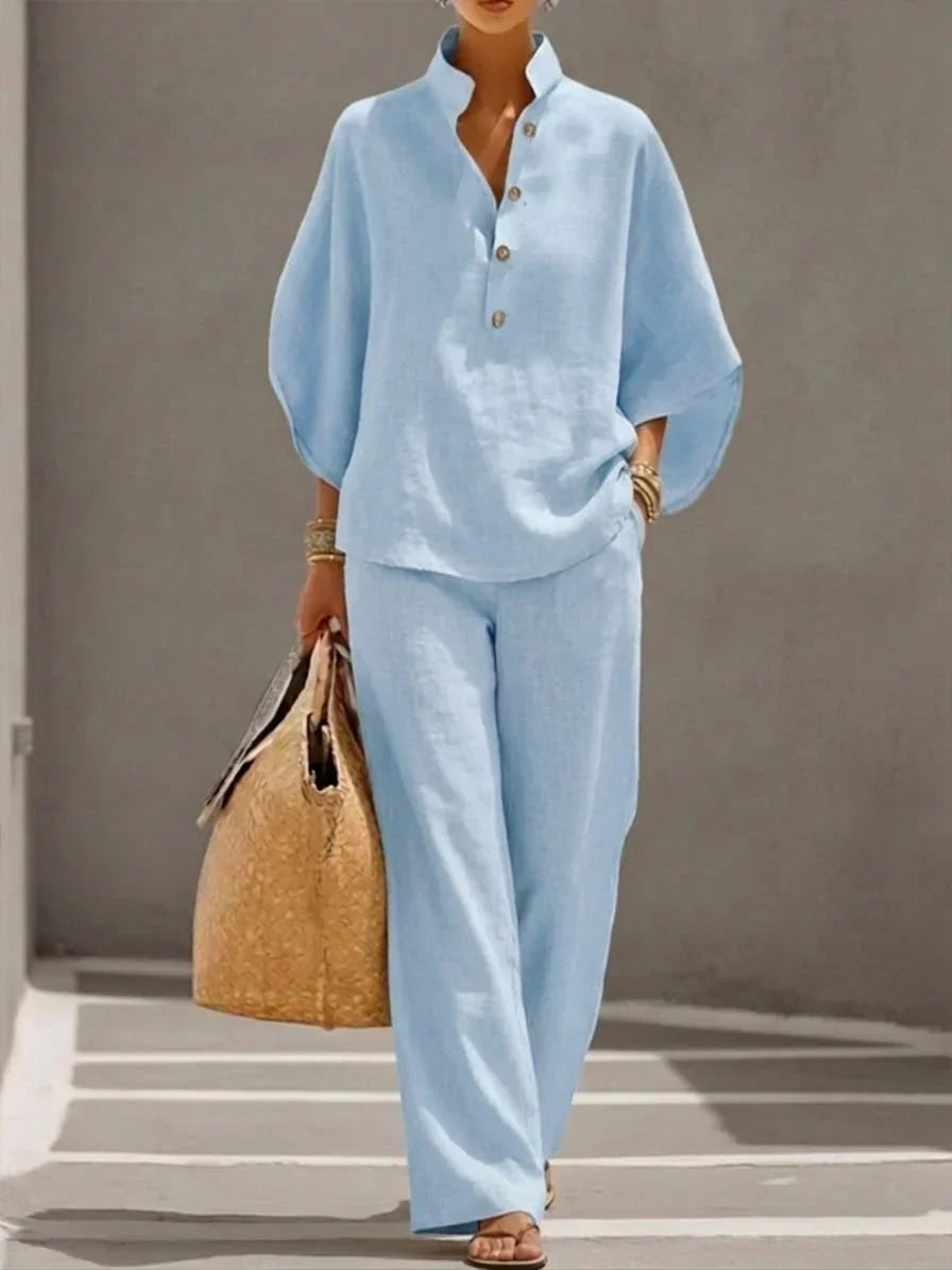 Sophie Linen-Look Batwing Sleeve Wide Leg Pant Set