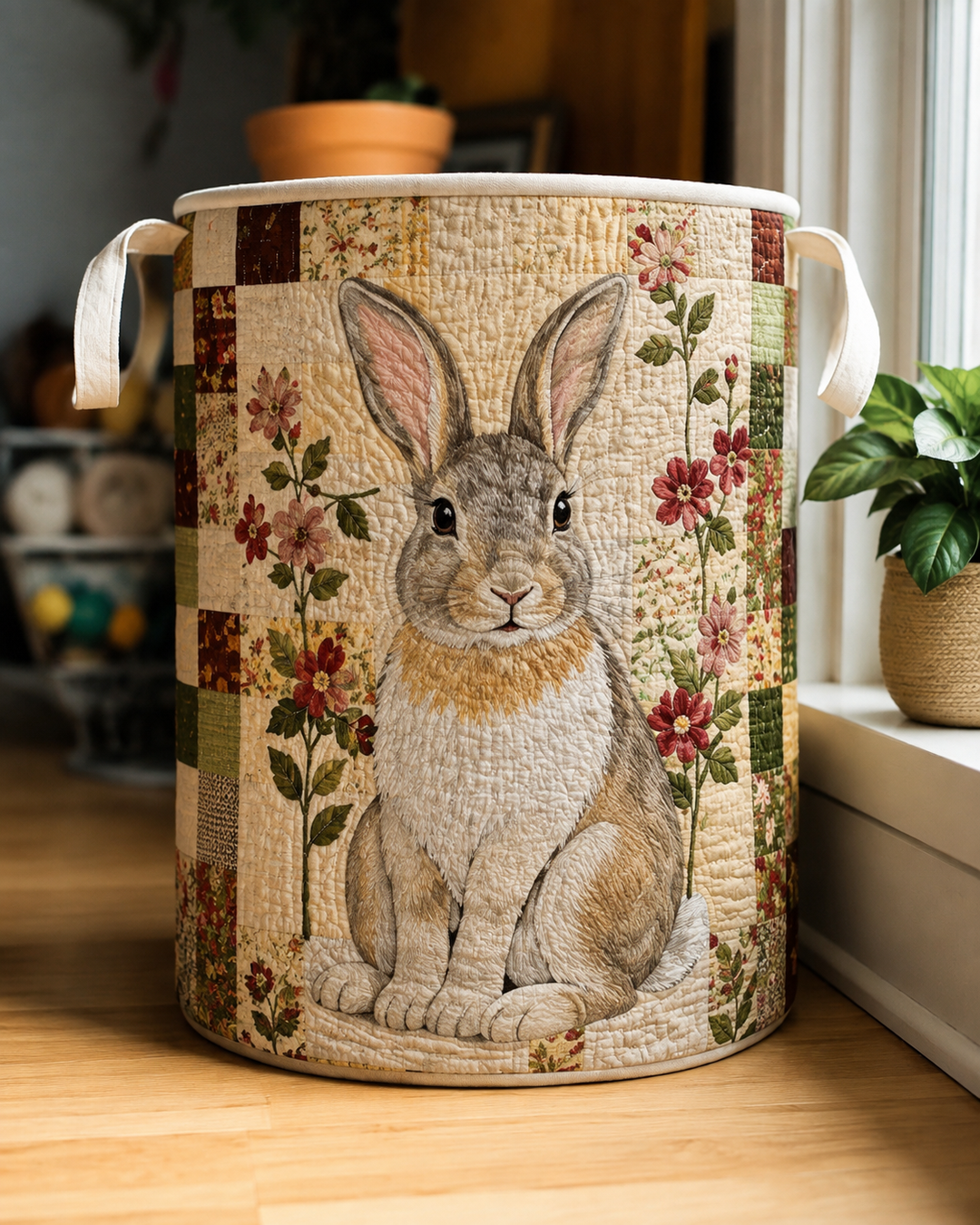 Quilted Laundry Basket with Field Rabbits
